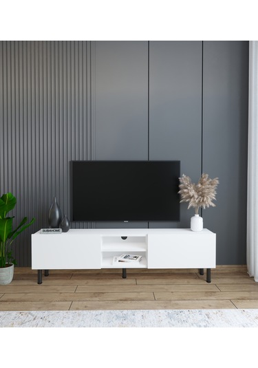 Minimalist 160 Cm Düşme Kapaklı Demir Ayaklı Mdf Beyaz Tv Ünitesi