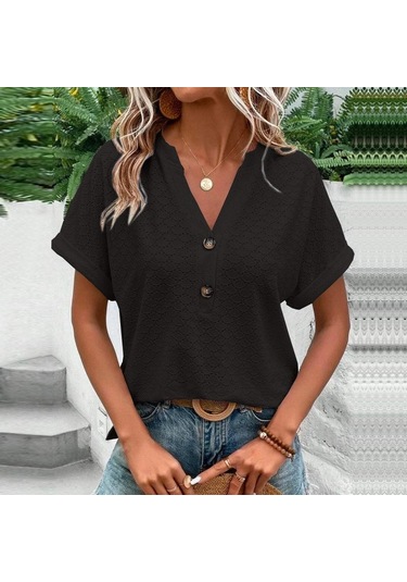 2023 İlkbahar Ve Yaz Yeni Kadın Moda Ve Rahat Düğme V Yaka T-shirt Kadınlar İçin Düz Renk Hollow Out T-shirt Siyah 2023 İlkbahar Ve Yaz Yeni Kadın Moda Ve Rahat Düğme V Yaka T-shirt Kadınlar İçin Düz Renk Hollow Out T-shirt Siyah