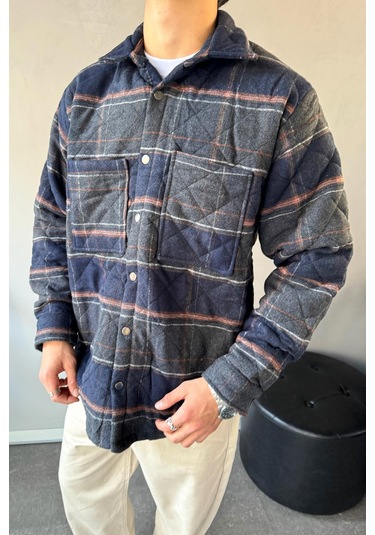 Flaw Ekose Desen Cep Detay Oversize Ceket Lacivert Lacivert