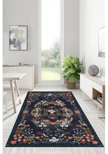 Her Adımda Bir Çiçek Her Desende Bir Kuş Sanatsal Kaymaz Taban Halı Renkli