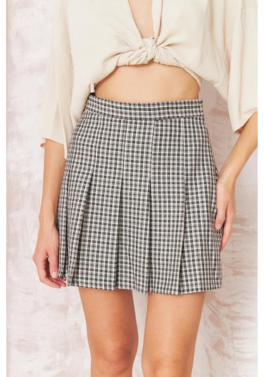 Kadın Lacivert Ekose Pileli Etek Dm2034 Lacivert