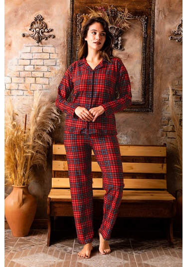 Nisanca Kışlık Düğmeli Ekose Desen Yılbaşı Temalı Kadın Süet Pijama Takımı - Bordo