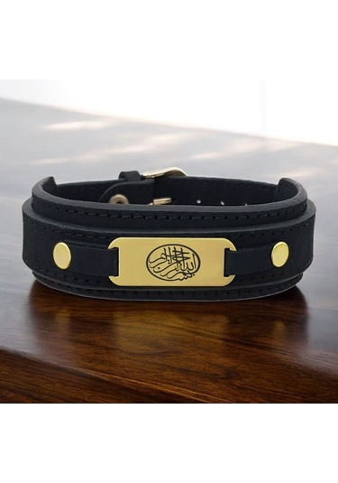 Archin Bismillah Temalı Oval Motifli 14 Ayar Altın Plakalı Doğal Siyah Derili Hediye Bileklik-438sembol Bismillah