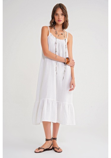 4740 Kadın Askılı Müslin Midi Elbise Beyaz Beyaz