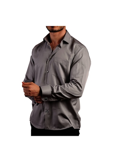 Koyu Gri Büyük Beden Rahat Kesim Micro Kumaş Kol Düğmeli Regular Fit Erkek Gömlek - 190-7 001