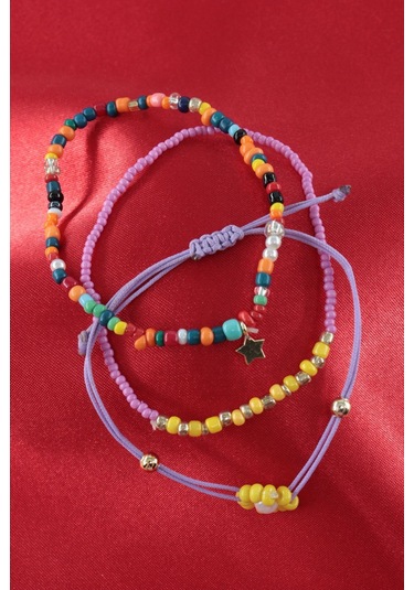 3lü Yıldızlı Çiçekli Boncuklu Asansörlü Bileklik. Lastikli Bileklik, Kadın İp Bileklik Halhal. Çok Renkli