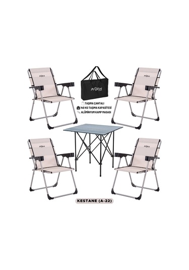 4 Adet Katlanır Kamp Sandalyesi Ve Alüminyum Masa Seti - Rock Dark - Kestane - Taşıma Çantalı Çok Renkli