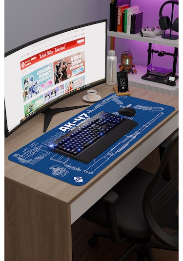Ak 47 Siyah Kalaşnikov Cs Dikişli Kauçuk Oyuncu Mousepad - 90x40 Gaming Mouse Pad Ak-47 Mavi