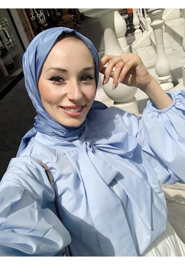 Hasenna G0019 Balon Kol Yakası Baglamalı Bluz Buz Mavisi