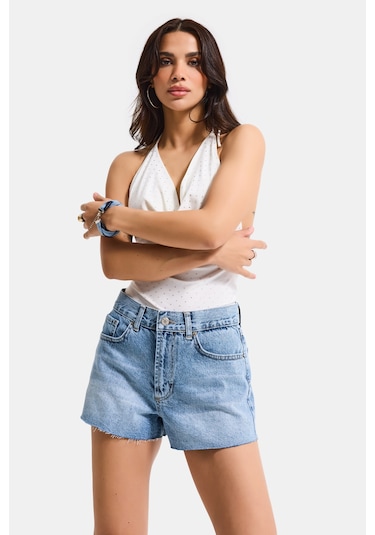 Itsbasic Kadın Mavi 4s6-4 Mini Mom %100 Koton Denim Şort