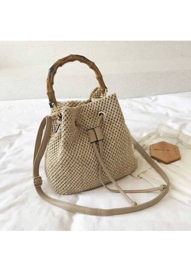 Wondernest Hasır Çanta Omuz Messenger Çanta Bambu Kova Çanta Haki 88991 Modelleri Haki