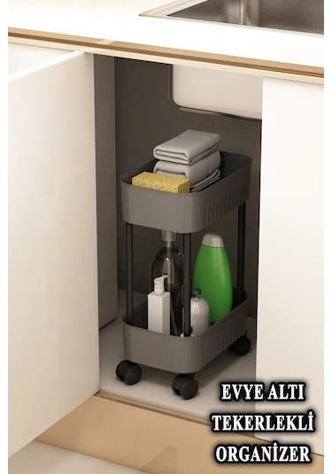 Çok Amaçlı 2 Katlı Banyo Dolabı, Evye Altı Düzenleyici Dolap Içi Tezgah Altı Tekerlekli Organizer - Gri