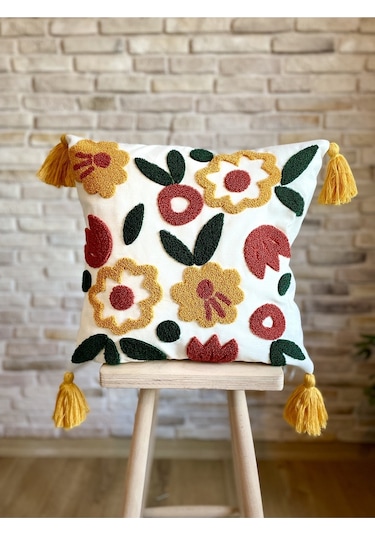 Swita Home Punch İşlemeli Tekli Dekoratif Özel Tasarım Kırlent Kılıfı Panç Yeşil - Kırmızı