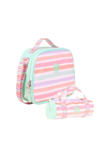 Kaukko Isı Yalıtımlı Beslenme Çantası Ve Kalemlik Seti - Kız Çocuğuna Özel - Çizgi Desenli - Su Yeşili Pembe Renkli Turkuaz - Pembe