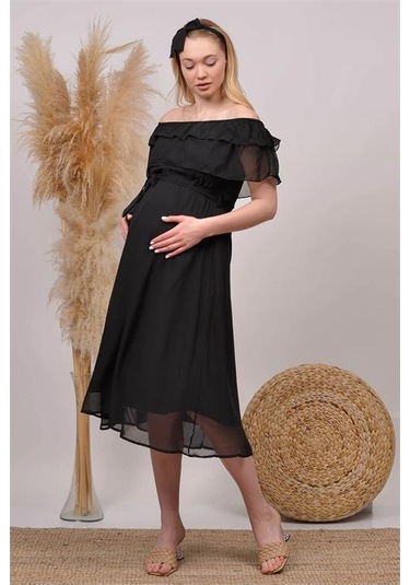 Kadın Kuşaklı Şifon Hamile Elbisesi Dphml8060 Siyah