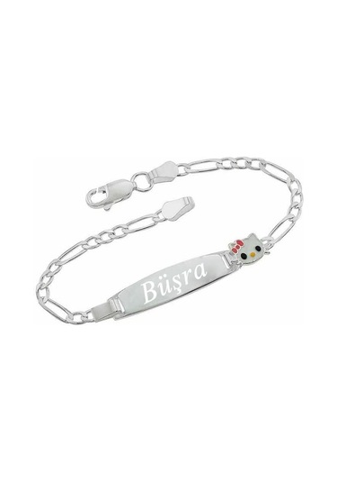 İsim Yazılı Kedili Gümüş Bebek Künyesi Çocuk Bileklik Csb05