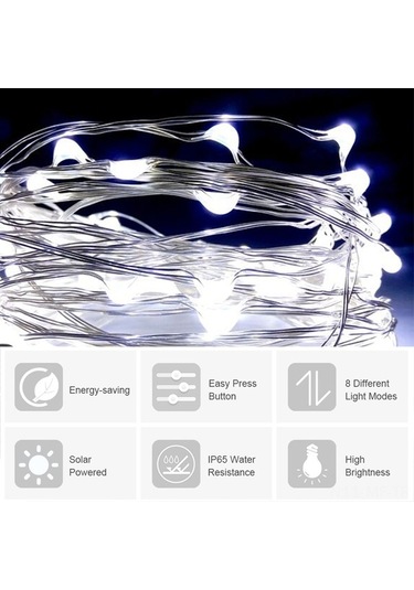 Novahub 20 Metre 200 Led Güneş Enerjili Bahçe Işıkları - 8 Modlu Beyaz Işık Beyaz