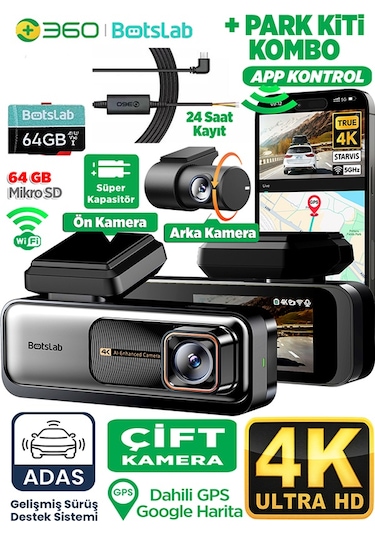 360+ Botslab G980H Pro ADAS Ön 4K UHD Arka 2K QHD 170° Geniş Açı Gece Görüşü Gps+WiFi Araç İçi Kamera +Park Kiti