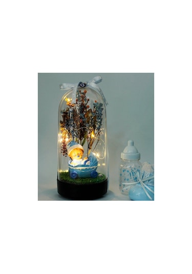 Mobgift Çiçek Altında Yeni Doğan Bebek Tasarımlı Işıklı Fanus Ma Mavi