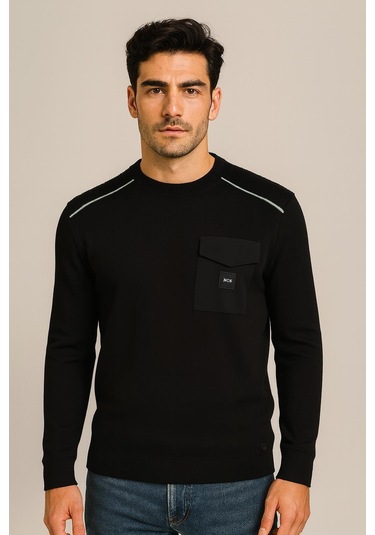 Erkek Triko Bisiklet Yaka Cep Detaylı Siyah 3753 Siyah