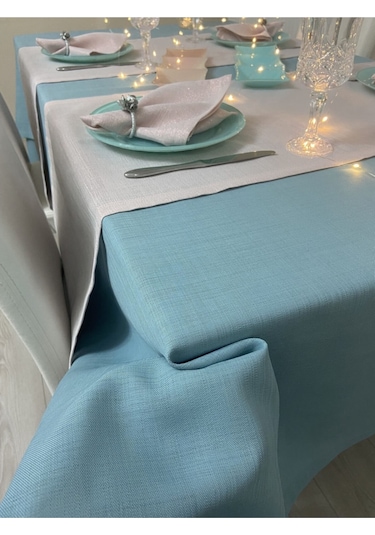 Keten Görünümlü Begonvil Masa Örtüsü Maldiv 6 Kişilik Takım