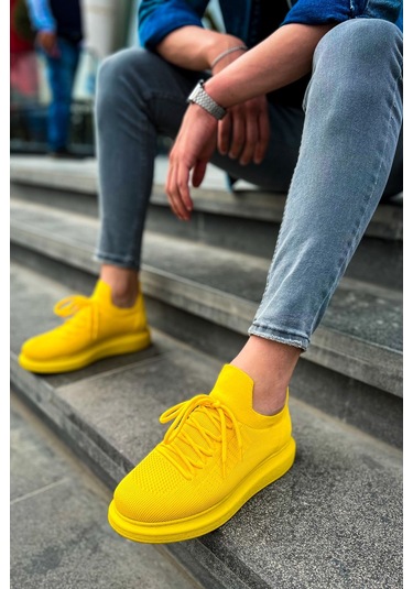 Pabucmarketi Bağcık Detaylı Triko Kumaş Erkek Spor Ayakkabı Sarı Çok Renkli