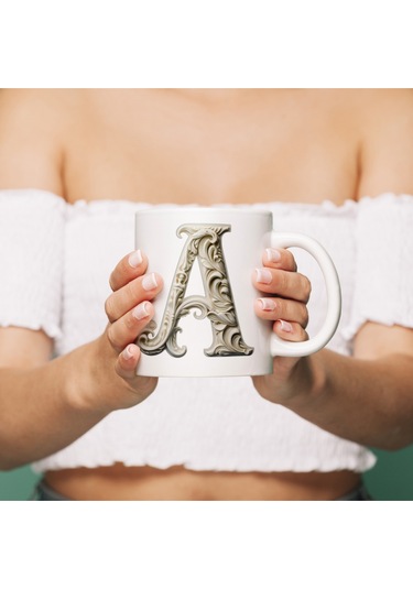 A Harfi Bardak, Monogram 330 Ml Barok Oymalı Görünüm Beyaz