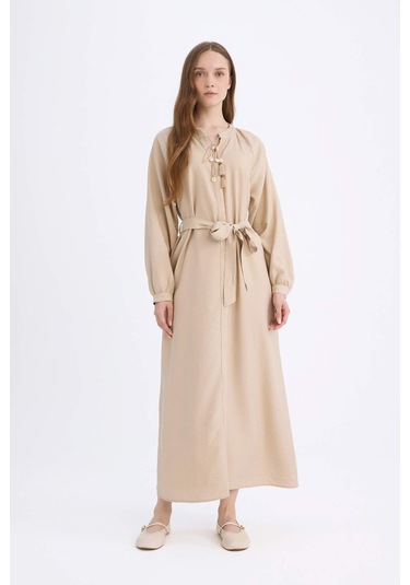 DeFacto Relax Fit Hakim Yaka Uzun Kollu Kuşaklı Maxi Tesettür Elbise D7322AX25SPBG775