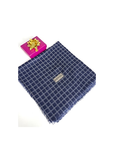 Eripek Desenli Flamalı Keten Eşarp- 06112 Lacivert-vizon