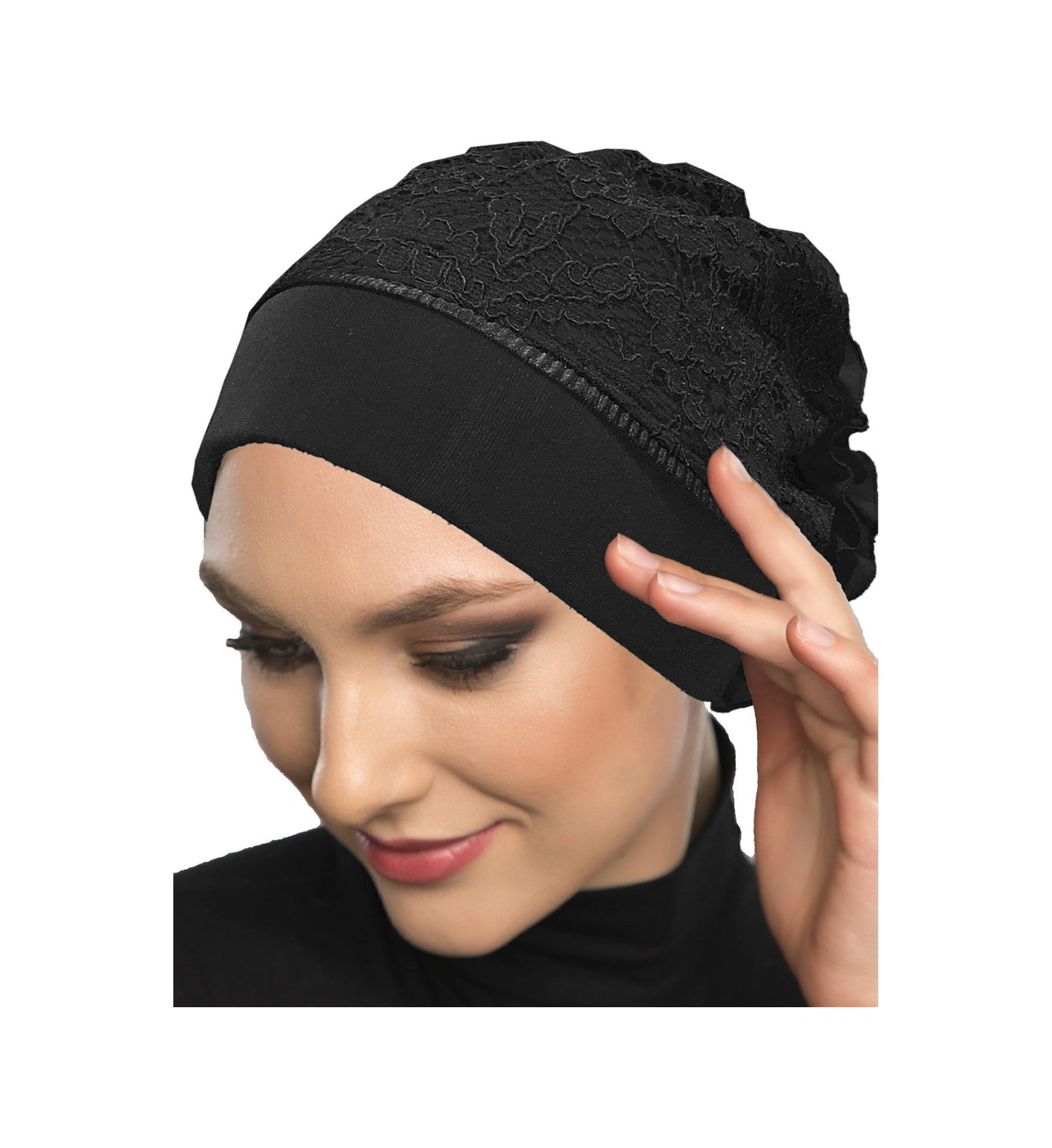 Kordoneli Arkası Fırfırlı Önü Plise Biyeli Siyah Hazır Türban Tesettür Bone Siyah