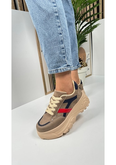 Günlük Kadın Sneaker Kalın Yüksek Taban Bağcıklı Rahat Tiger Şeritli Spor Ayakkabı 032 06-vizon Laci Kırmızı