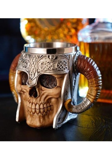 Ortaçağ Viking Savaşçı Kafatası Tasarımlı Kupa Bardak Koleksiyonluk Ve Tematik Hediye Çok Renkli