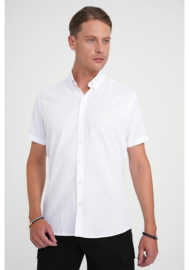 Comfort Fit Düğme Yaka Kısa Kol %100 Keten Düz Beyaz Gömlek G 1596 Beyaz
