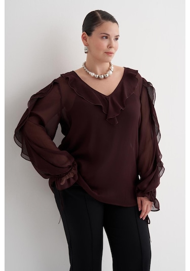 Fırfır Detaylı Şifon Bluz-6219 Bordo