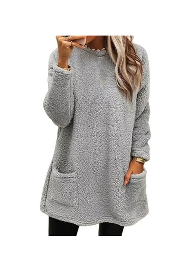 Çift Cepli Bayan Kışlık Sweatshirt Saf Renk Peluş Yuvarlak Yaka Bol Açık Gri