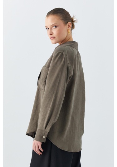 4628 Kadın Cep Detaylı Modal Gömlek Haki Haki