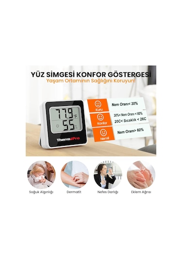 ThermoPro TP157 İç Mekan (Sera, Dolap, Bebek Odası) Hassas Sıcaklık ve Nem Ölçer Mini Termometre