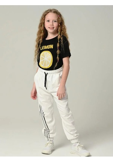 Kız Çocuk Lemon Tshirt Baskılı Paçası Lastikli Eşofman Takım-11632 Siyahbeyaz