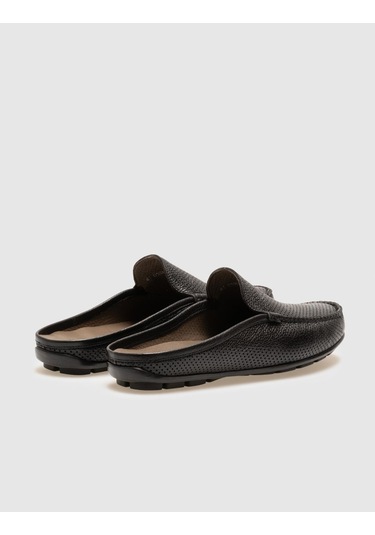 Cabani Hakiki Deri Siyah Lazer İşlemeli Erkek Günlük Terlik Siyah