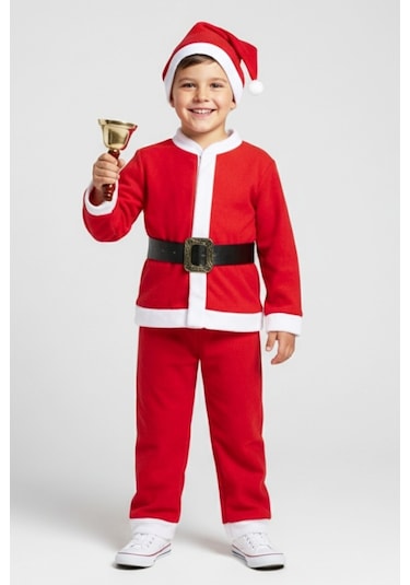 Erkek Çocuk 4'lü Noel Elbise Üst+alt+şapka+kemer 12418 Kırmızı