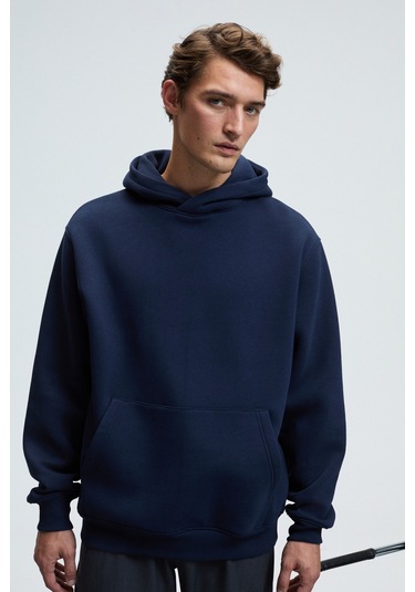 AMOS Erkek Yumuşak Kumaşlı 3 İplik Oversize Kapüşonlu Kanguru Cepli Lacivert Sweatshirt