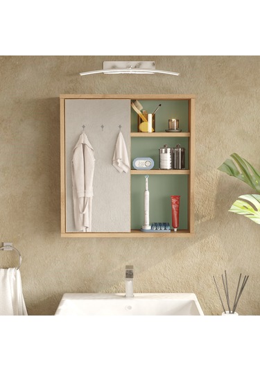 Aqua Aynalı Lavabo Üstü Banyo Dolabı Raf Sepet-ıhlamur Yeşili Kahverengi