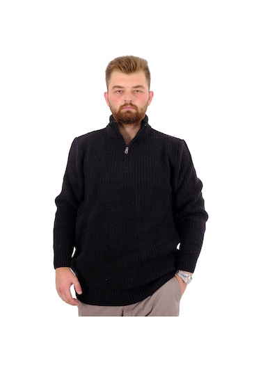 Mode Xl Büyük Beden Erkek Triko Kazak Yarım Fermuarlı Dik Yaka 24209 Siyah Siyah