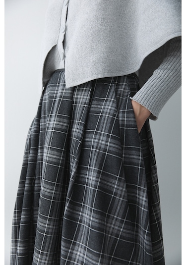 Antrasit Gri Deri Şeritli Ekoseli Etek - 4977 Antrasit - Gri