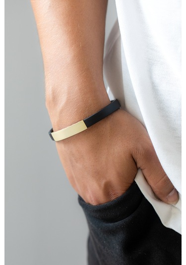 14 Ayar Altın Bar Siyah Kauçuk Erkek Bilekliği