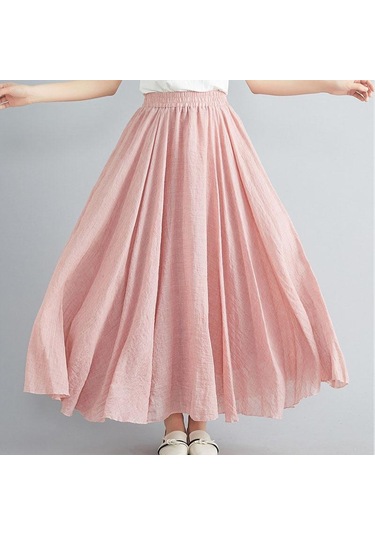Yaz Sonbahar Kadın Etek Edebi Büyük Boy Pamuk Keten Yarım Etek Elastik Bel Keten A-line Etek Uzun Bölüm Saf Renk Rüzgar Salıncak Etek Pembe