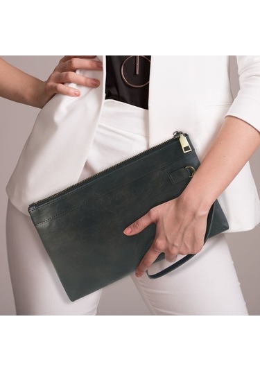 Shidai888 Retro Deri Debriyaj Fermuarlı Zarf Çanta Siyah