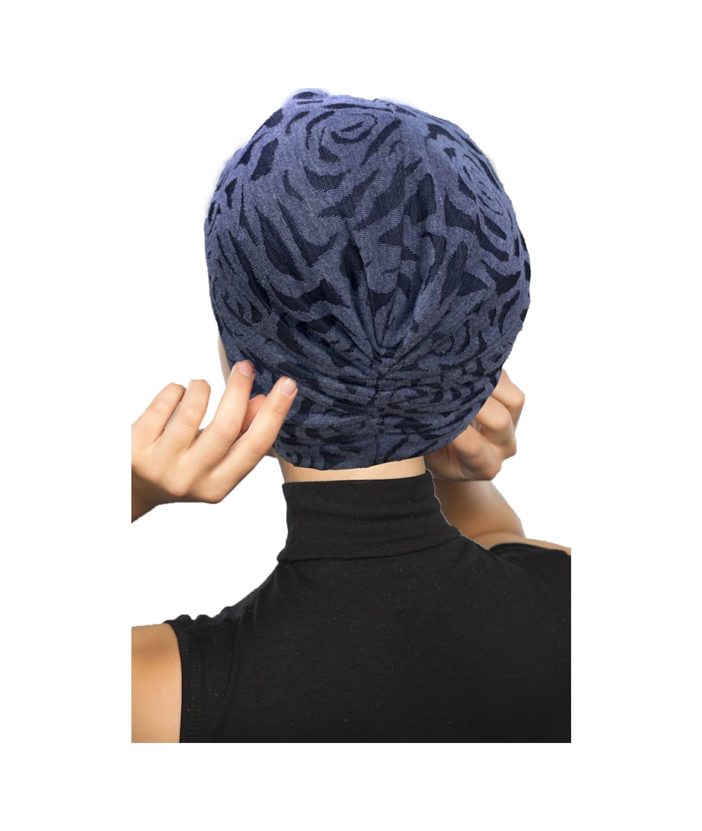 Desenli Çapraz Penye Lacivert Gül Desenli Hazır Türban Tesettür Havuz Bonesi Lacivert Gül