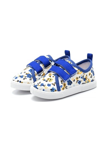 Çiçek Desenli Çift Cırtlı Keten Spor Çocuk Ayakkabısı-saks-f-498 Saks