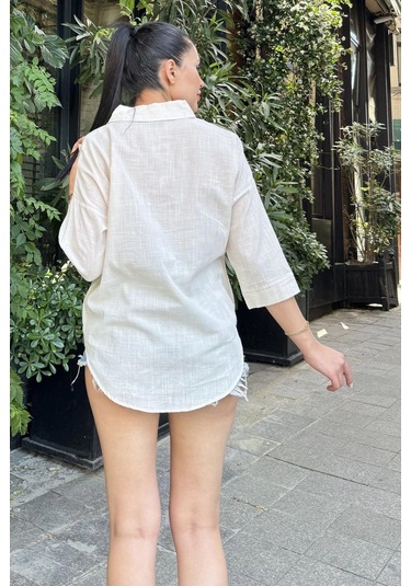 Kadın Bej Truvakar Kol, Oval Kesim, Terletmez, Flamlı Keten Salaş Gömlek Taş